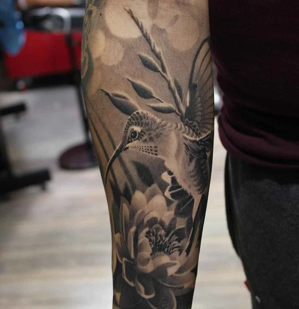 Realism Hummingbird, Flower tattoo on Forearm