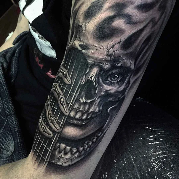 Realism Skull, Guitar tattoo on Forearm