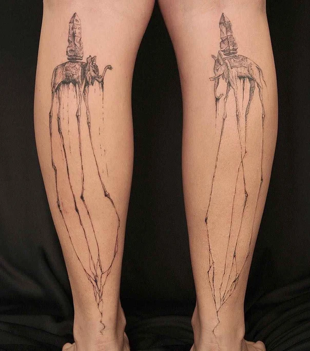 Surrealism Elephant, Surreal tattoo on Calf