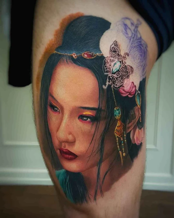 Realism Portrait, Woman tattoo on Thigh