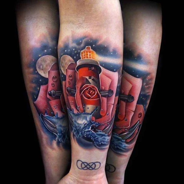 Realism Lighthouse, Rose tattoo on Forearm
