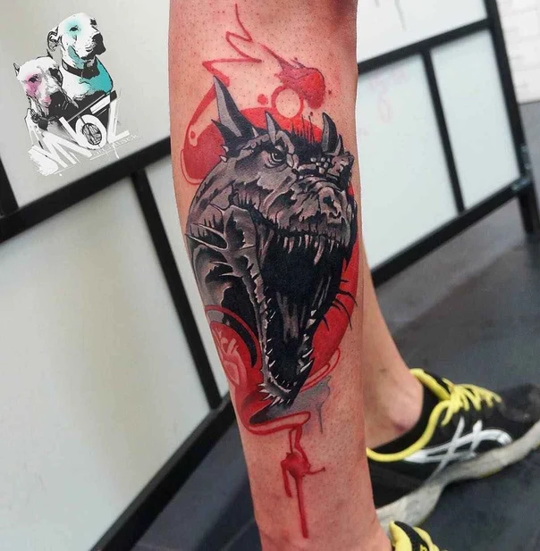 Black & Grey Dragon, Abstract tattoo on Calf