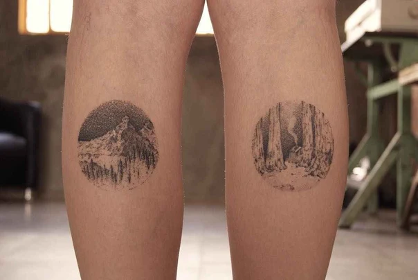 Dotwork Landscape, Mountain tattoo on Calf