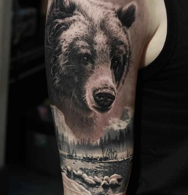 Realism Bear, Landscape tattoo on Upper Arm