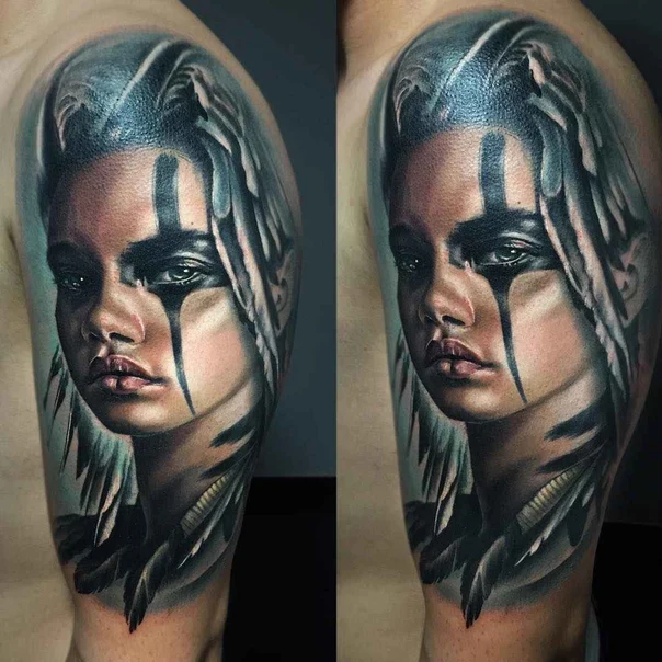 Realism Portrait, Feathers tattoo on Upper Arm
