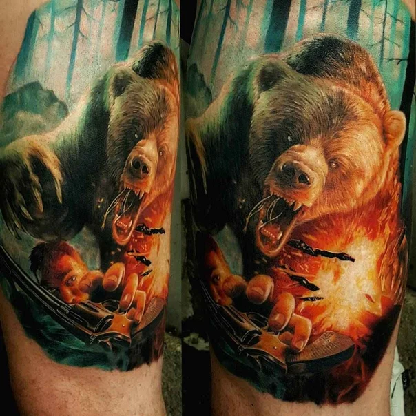 Realism Bear, Gun tattoo on Thigh