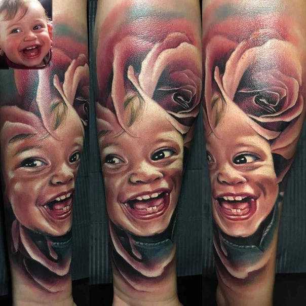 Realism Portrait, Rose tattoo on Forearm