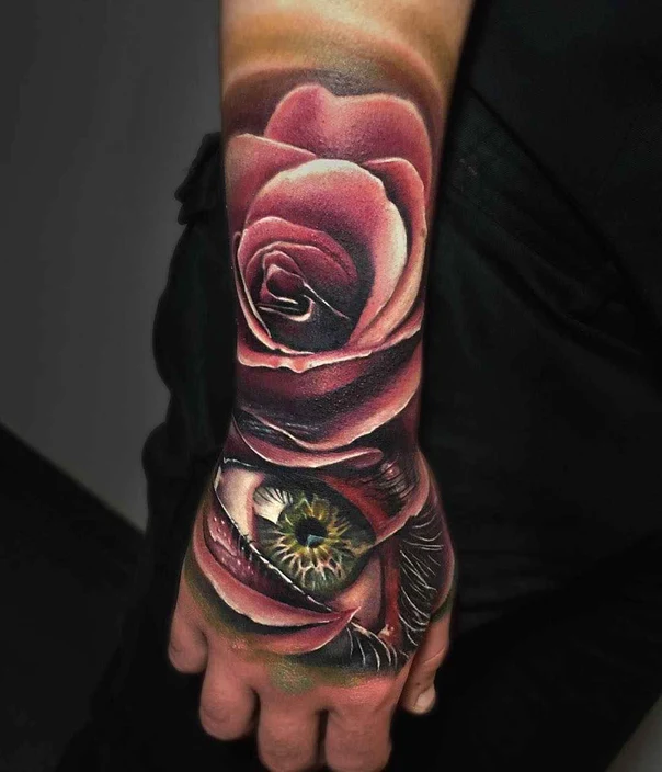 Realism Rose, Eye tattoo on Forearm