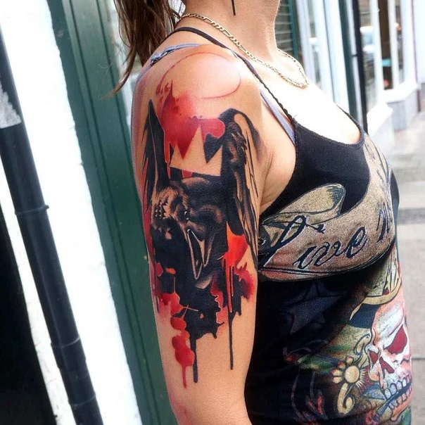 Watercolor Raven, Moon tattoo on Upper Arm
