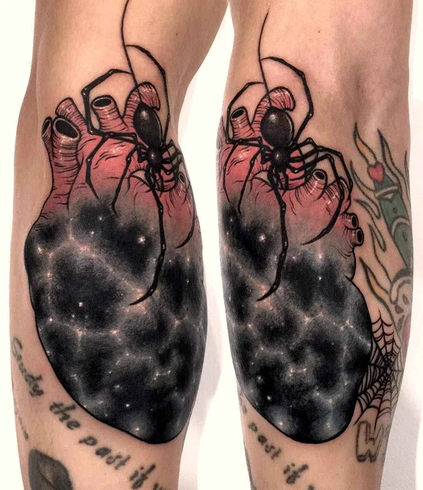 Illustrative Spider, Heart tattoo on Calf