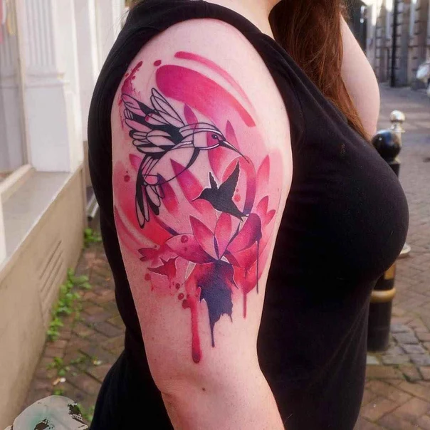 Watercolor Hummingbird, Flower tattoo on Upper Arm