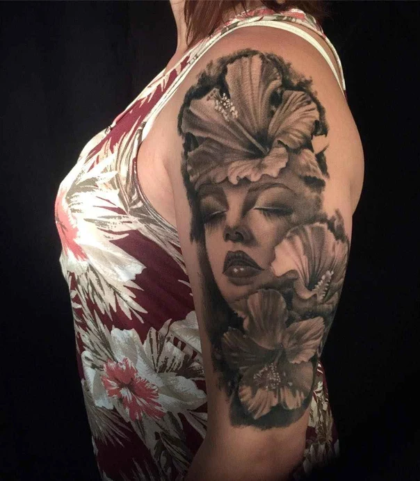 Realism Portrait, Flowers tattoo on Upper Arm