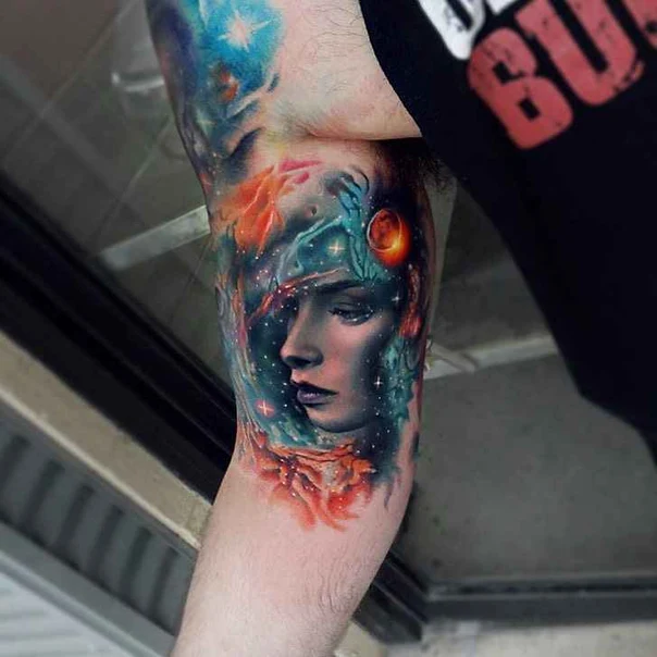 Realism Portrait, Galaxy tattoo on Bicep