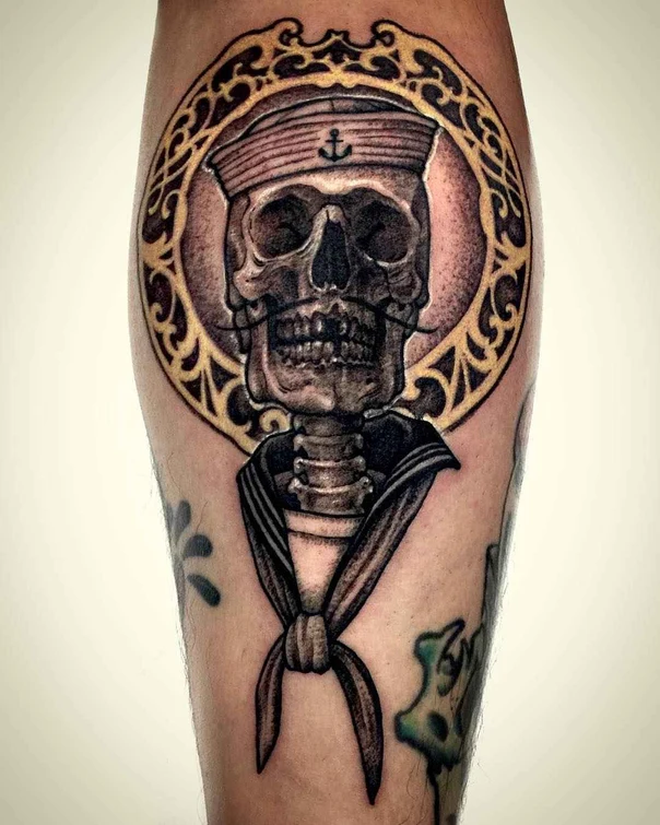 Black & Grey Skull, Sailor tattoo on Calf