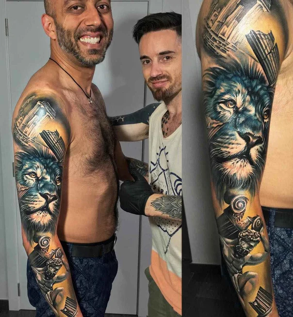 Realism Lion, Architecture tattoo on Full Sleeve