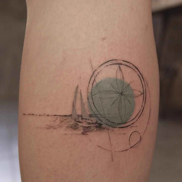 Sketch Sailboat, Compass tattoo on Calf