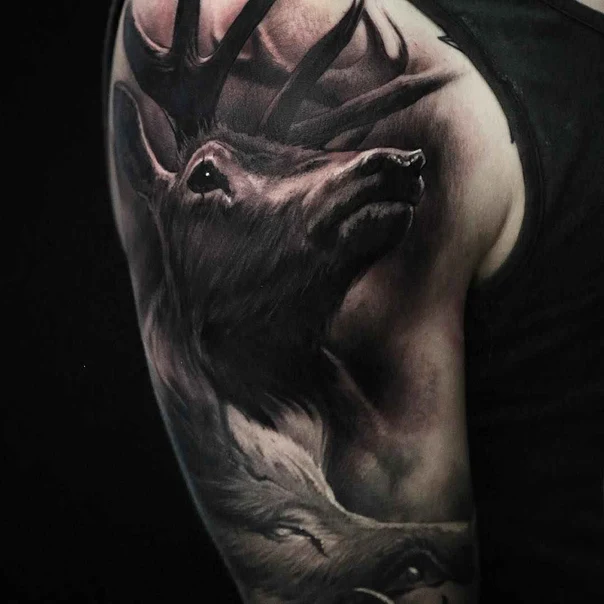 Realism Deer, Animal tattoo on Upper Arm