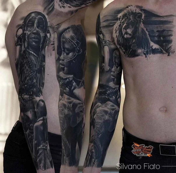 Realism Lion, Elephant tattoo on Full Sleeve