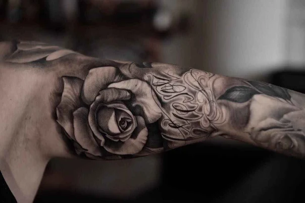 Realism Rose, Lettering tattoo on Full Sleeve