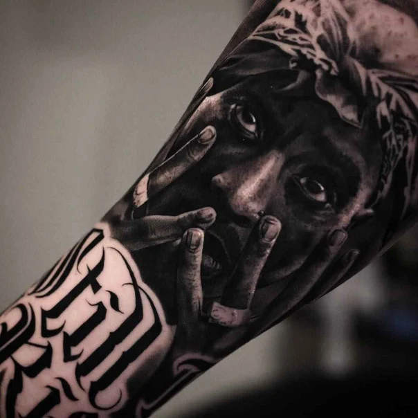 Black & Grey Portrait, Lettering tattoo on Forearm