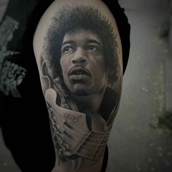Realism Portrait, Guitar tattoo on Upper Arm