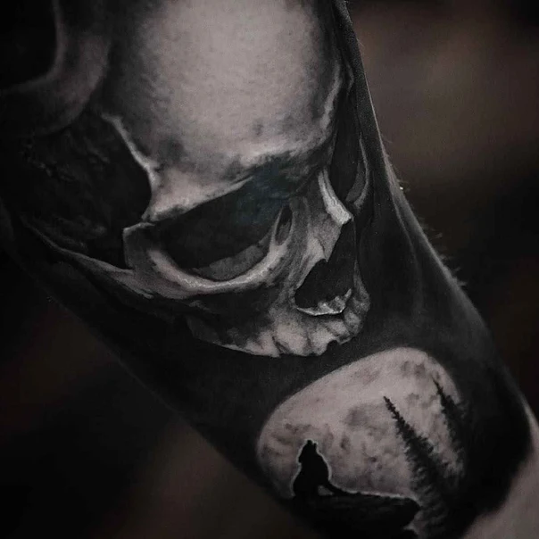 Black & Grey Skull, Wolf tattoo on Forearm
