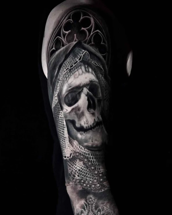Black & Grey Skull, Ornamental tattoo on Full Sleeve