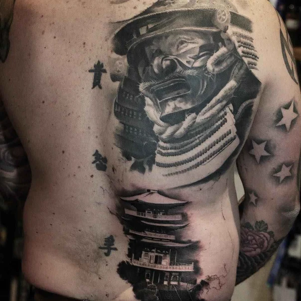 Black & Grey Samurai, Pagoda tattoo on Full Back