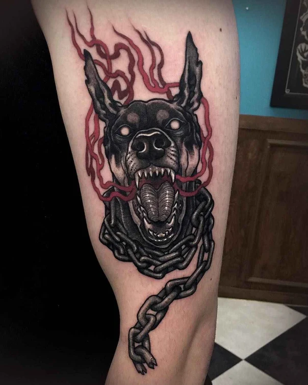 Black & Grey Dog, Chain tattoo on Thigh
