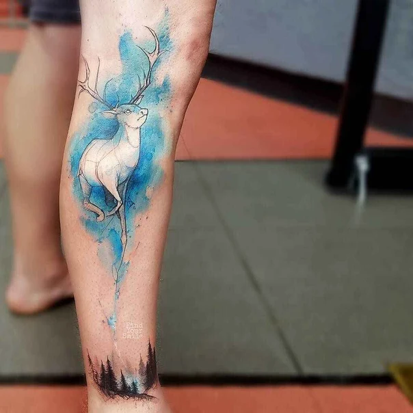Watercolor Deer, Trees tattoo on Calf
