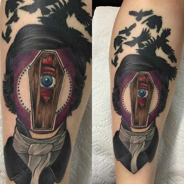 Illustrative Eye, Coffin tattoo on Calf