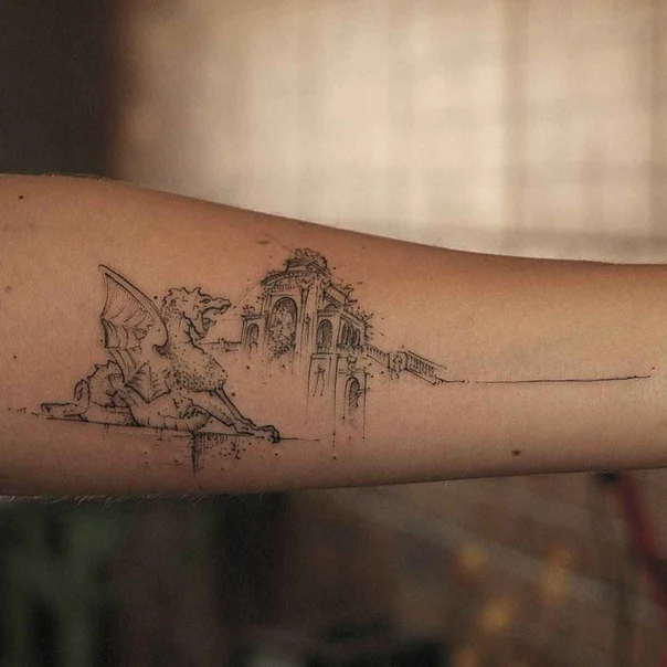 Sketch Dragon, Architecture tattoo on Forearm