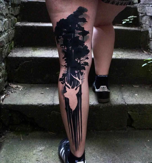Blackwork Deer, Tree tattoo on Shin