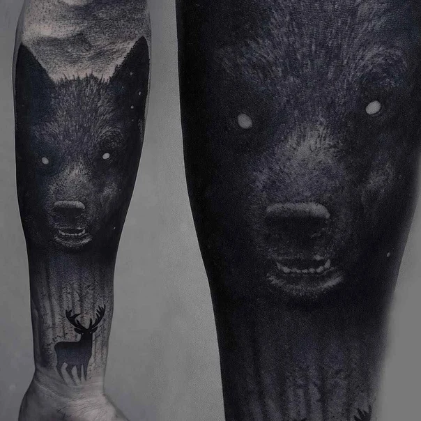 Blackwork Wolf, Deer tattoo on Forearm