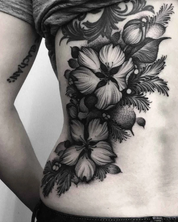 Black & Grey Flowers, Leaves tattoo on Side