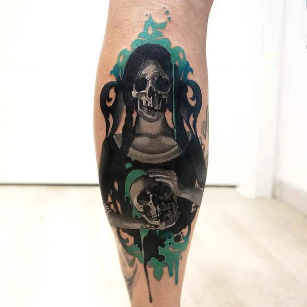 Black & Grey Skull, Woman tattoo on Calf