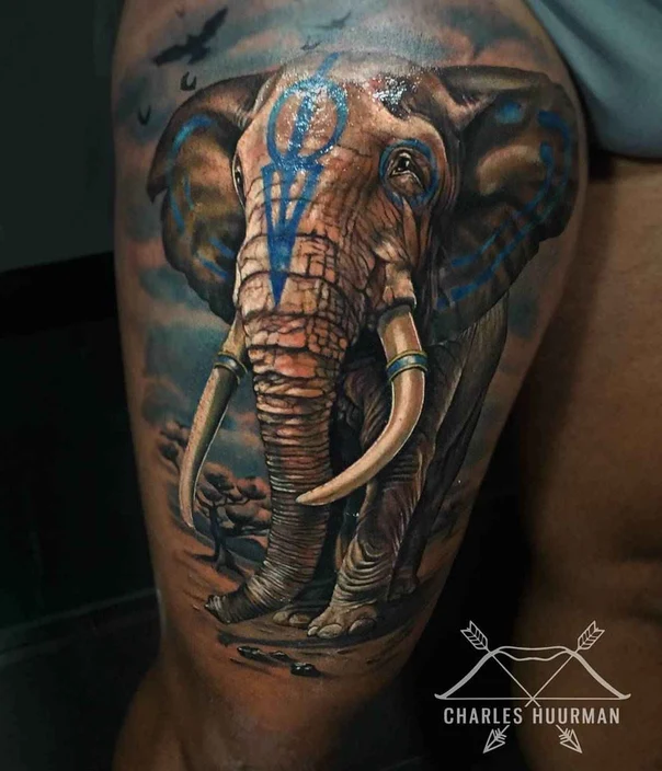 Realism Elephant, Birds tattoo on Thigh