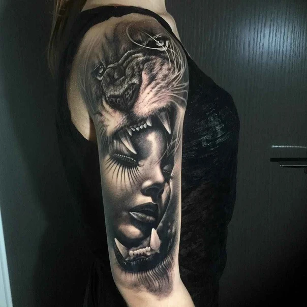 Realism Lion, Woman tattoo on Full Sleeve