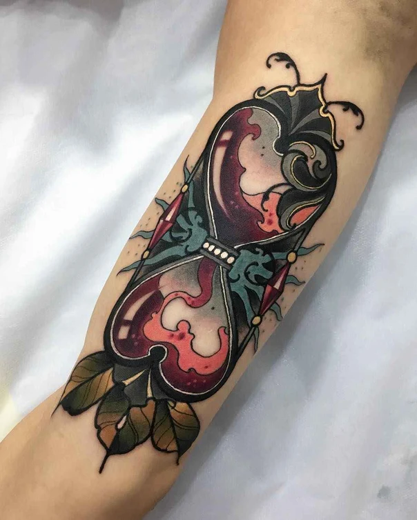 Neo Traditional Hourglass, Leaves tattoo on Forearm
