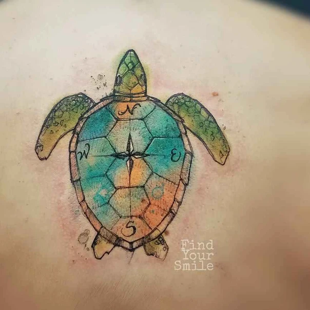Watercolor Turtle, Compass tattoo on Upper Back