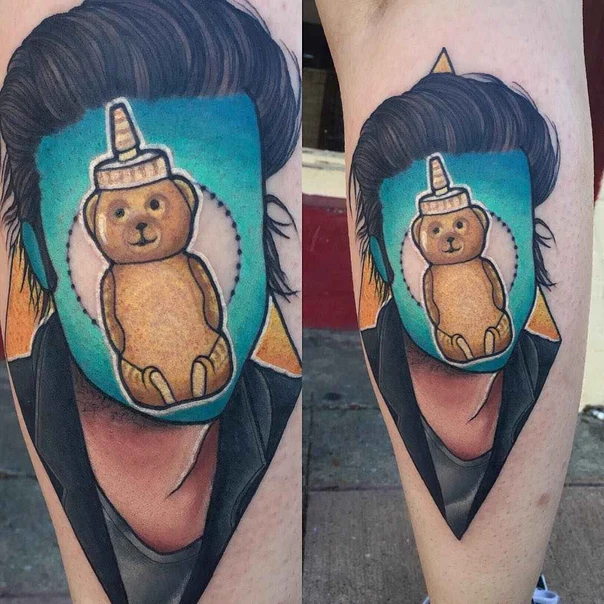 Illustrative Bear, Portrait tattoo on Calf
