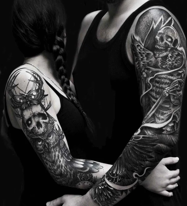 Blackwork Skull, Owl tattoo on Full Sleeve