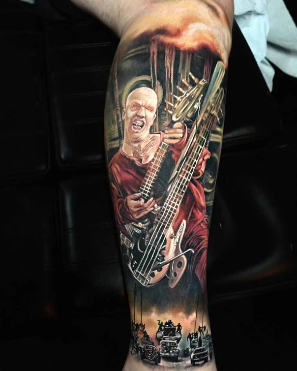 Realism Portrait, Musical instrument tattoo on Calf