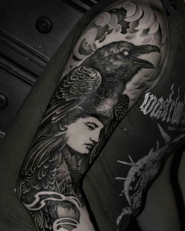 Black & Grey Raven, Portrait tattoo on Full Sleeve