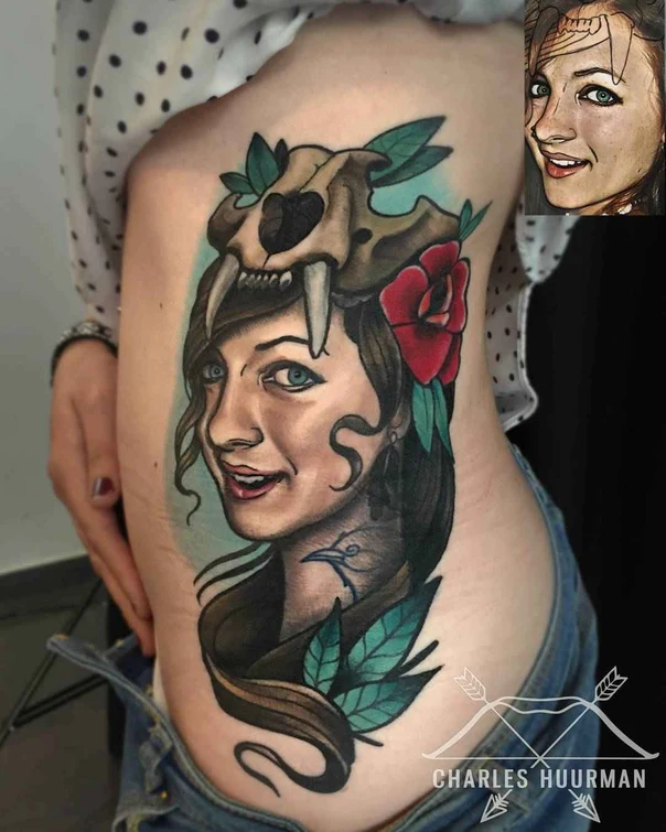 Realism Skull, Rose tattoo on Side