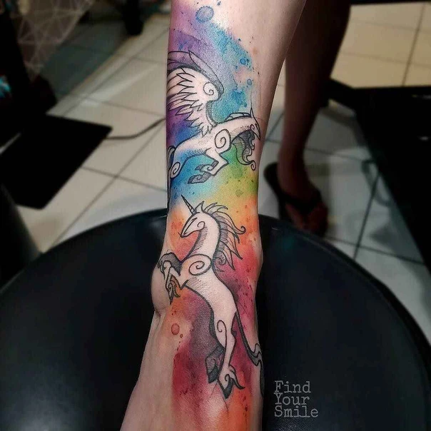 Watercolor Unicorn tattoo on Ankle