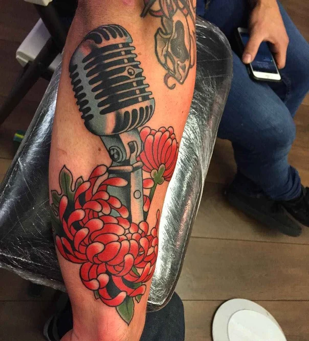 Neo Traditional Microphone, Flower tattoo on Forearm