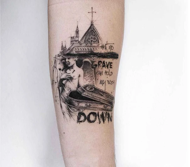 Sketch Angel, Coffin tattoo on Forearm