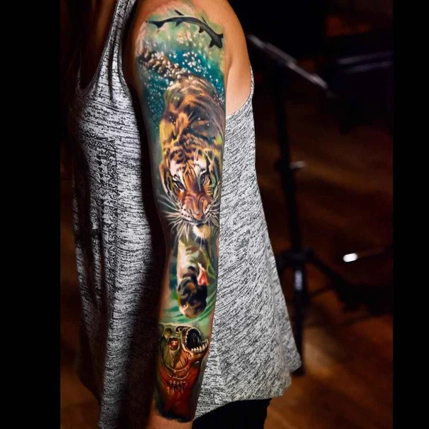 Realism Tiger, Shark tattoo on Full Sleeve