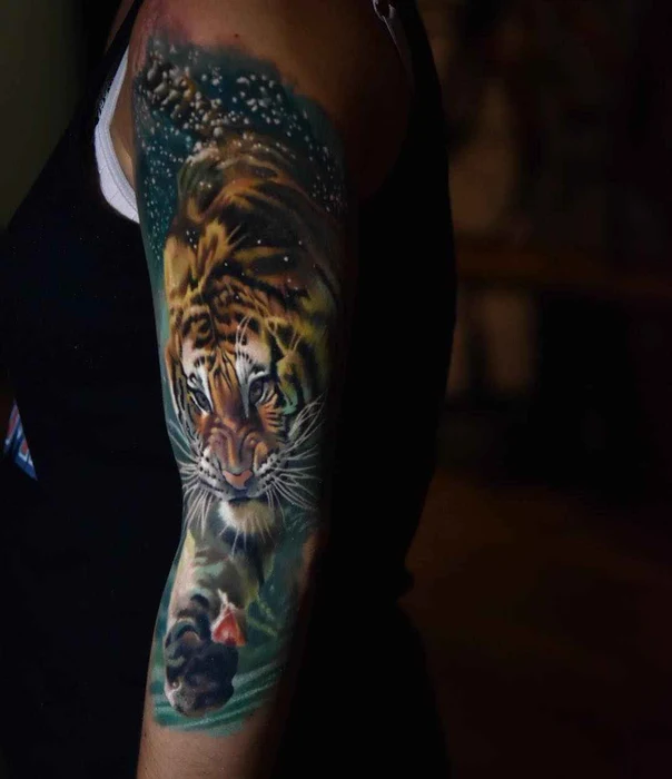 Realism Tiger, Underwater tattoo on Full Sleeve